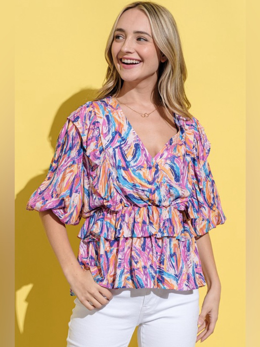 And The Why Printed Lantern Sleeve Blouse